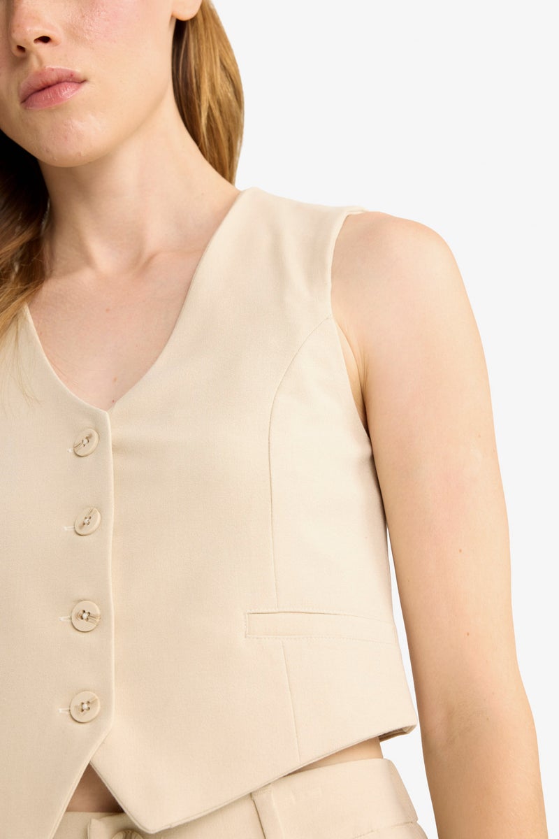 DeFacto Beige Woman V-Neck Classic Blazer Vest Casual - Image 5